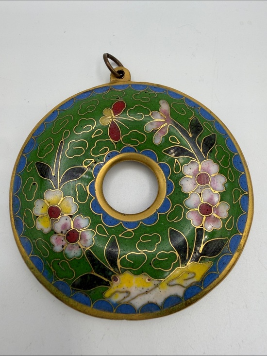 Vintage Jewelry - Vtg Cloisonne Bi Disc Enamel Pendant Floral Medallion